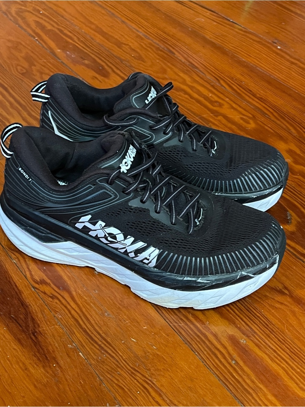 HOKA ONE ONE Bondi 7 Black White Max Cushion Running Shoes Women's 10